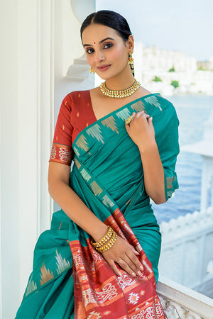 Teal Silk Blend Saree With Blouse Piece