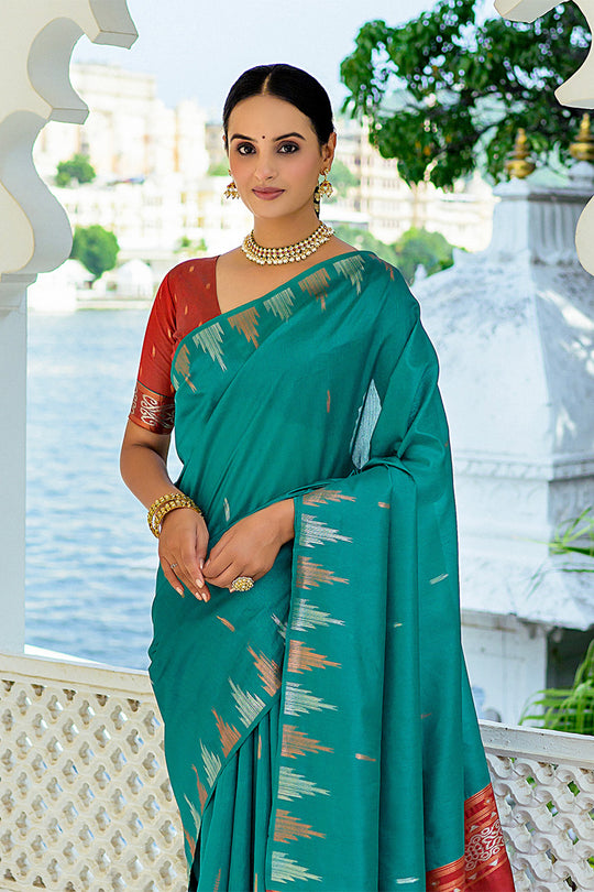 Teal Silk Blend Saree With Blouse Piece
