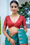 Teal Silk Blend Saree With Blouse Piece