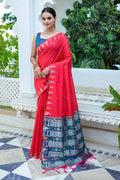 Red Silk Blend Saree With Blouse Piece