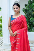 Red Silk Blend Saree With Blouse Piece