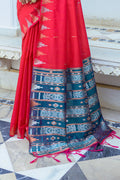 Red Silk Blend Saree With Blouse Piece