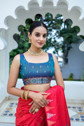 Red Silk Blend Saree With Blouse Piece