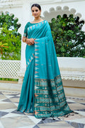 Sea Green Silk Blend Saree With Blouse Piece