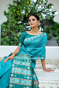 Sea Green Silk Blend Saree With Blouse Piece