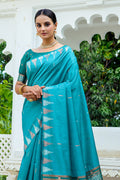 Sea Green Silk Blend Saree With Blouse Piece