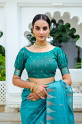 Sea Green Silk Blend Saree With Blouse Piece