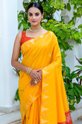 Yellow Silk Blend Saree With Blouse Piece