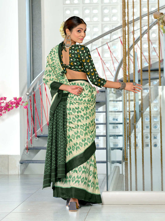 Green Pure Cotton Fancy Hand Block Print Saree With Blouse Piece