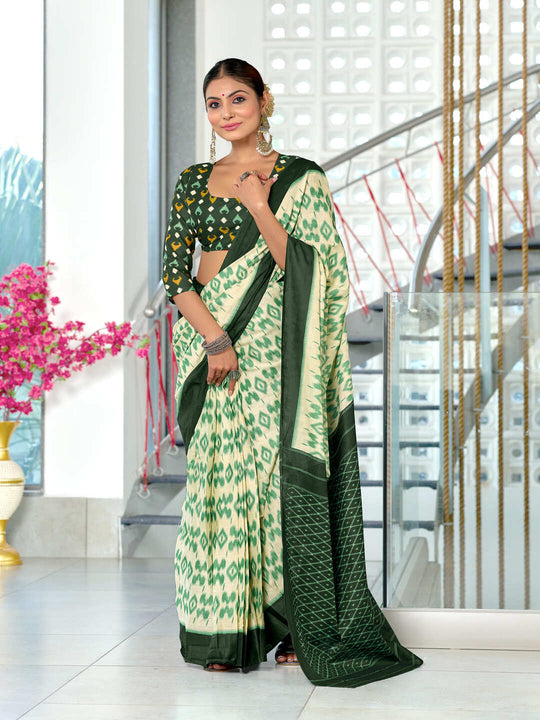 Green Pure Cotton Fancy Hand Block Print Saree With Blouse Piece