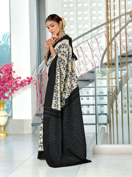 Black Pure Cotton Fancy Hand Block Print Saree With Blouse Piece