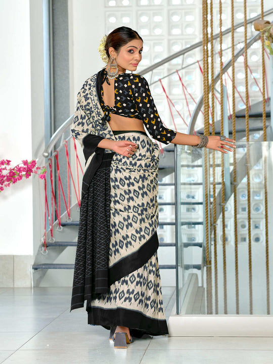 Black Pure Cotton Fancy Hand Block Print Saree With Blouse Piece