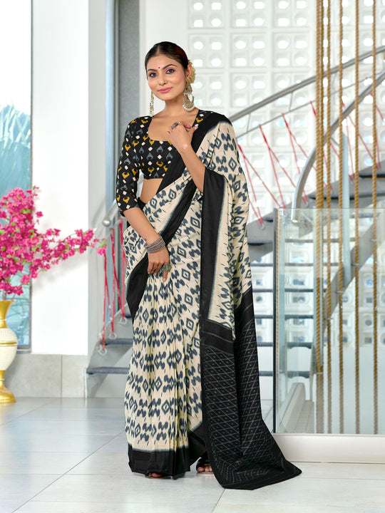 Black Pure Cotton Fancy Hand Block Print Saree With Blouse Piece