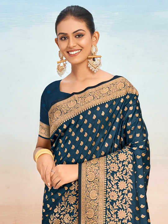 Navy Blue Silk Saree With Blouse Piece