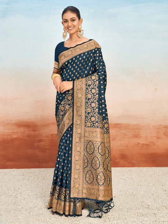 Navy Blue Silk Saree With Blouse Piece