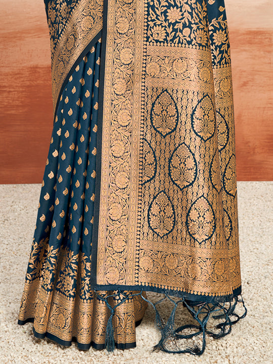 Navy Blue Silk Saree With Blouse Piece