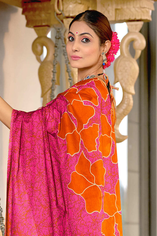 Pink Hand Block Print Mulmul Cotton Sarees Saree With Blouse Piece