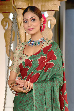 Green Hand Block Print Mulmul Cotton Sarees Saree With Blouse Piece