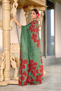 Green Hand Block Print Mulmul Cotton Sarees Saree With Blouse Piece