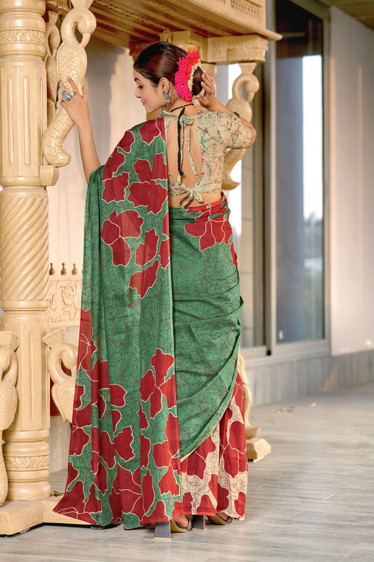 Green Hand Block Print Mulmul Cotton Sarees Saree With Blouse Piece