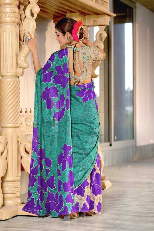 Teal Blue Hand Block Print Mulmul Cotton Sarees Saree With Blouse Piece