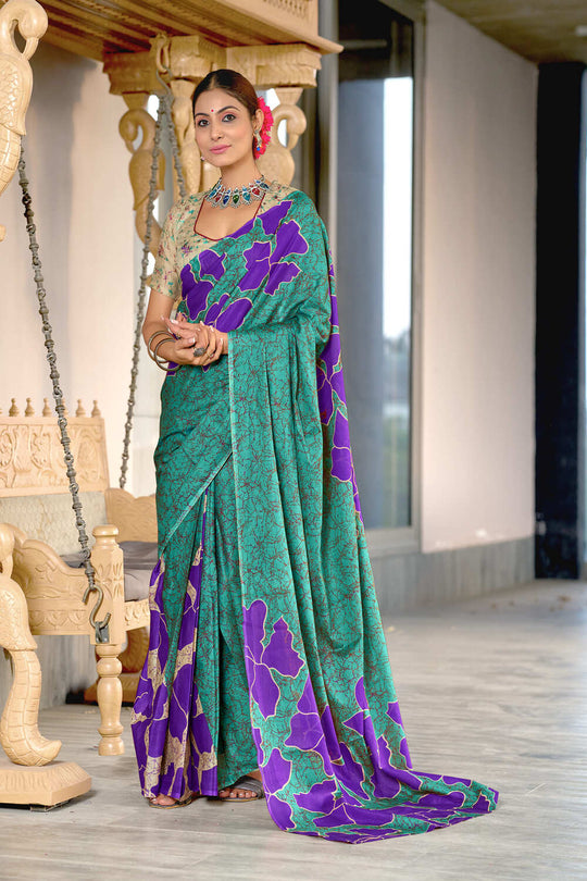 Teal Blue Hand Block Print Mulmul Cotton Sarees Saree With Blouse Piece