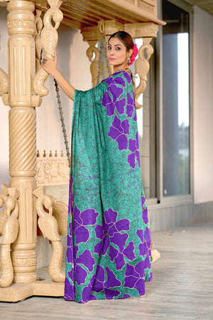 Teal Blue Hand Block Print Mulmul Cotton Sarees Saree With Blouse Piece