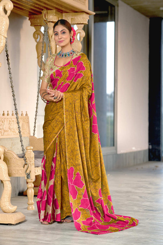 Mustard Hand Block Print Mulmul Cotton Sarees Saree With Blouse Piece