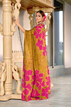 Mustard Hand Block Print Mulmul Cotton Sarees Saree With Blouse Piece