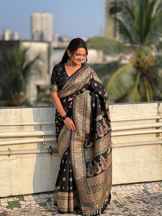 Black Banarasi Silk Blend Saree With Blouse Piece