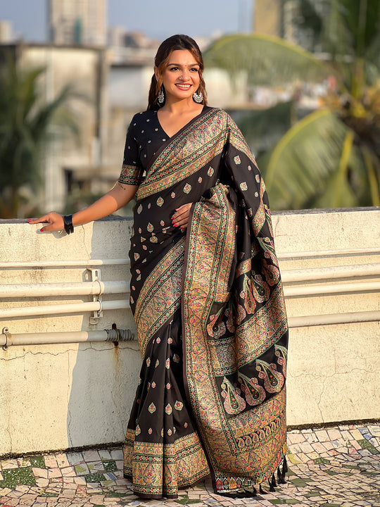 Black Banarasi Silk Blend Saree With Blouse Piece