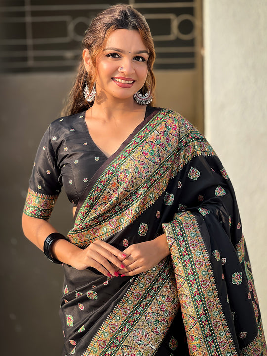 Black Banarasi Silk Blend Saree With Blouse Piece