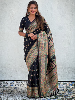 Black Banarasi Silk Blend Saree With Blouse Piece