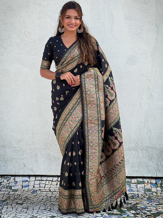 Black Banarasi Silk Blend Saree With Blouse Piece