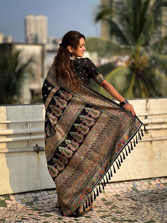 Black Banarasi Silk Blend Saree With Blouse Piece