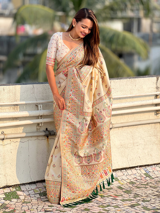 Cream Banarasi Silk Blend Saree With Blouse Piece