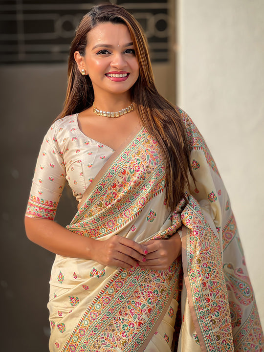 Cream Banarasi Silk Blend Saree With Blouse Piece