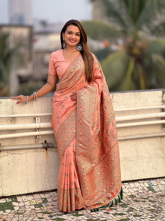 Peach Banarasi Silk Blend Saree With Blouse Piece