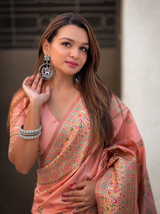 Peach Banarasi Silk Blend Saree With Blouse Piece