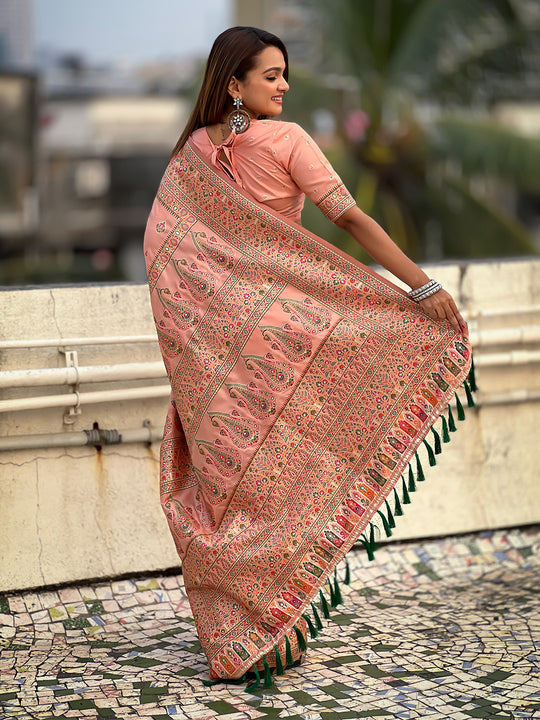 Peach Banarasi Silk Blend Saree With Blouse Piece