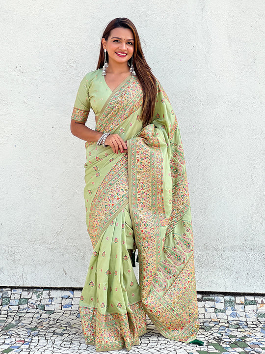 Green Banarasi Silk Blend Saree With Blouse Piece