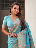Sky Banarasi Silk Blend Saree With Blouse Piece