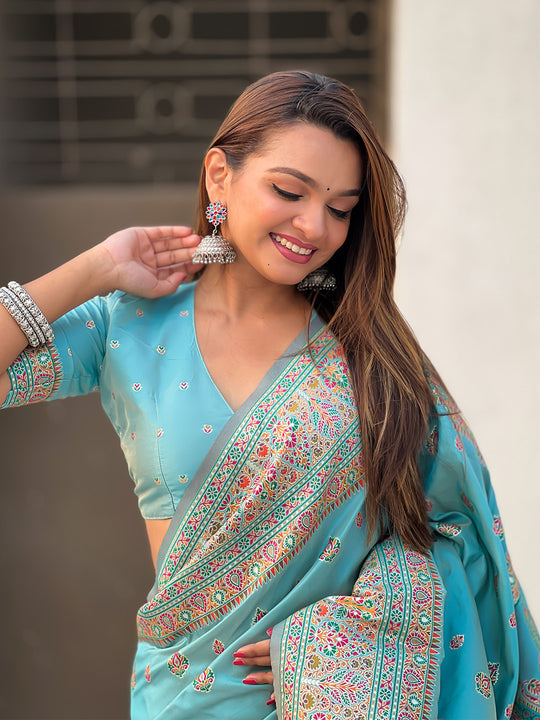 Sky Banarasi Silk Blend Saree With Blouse Piece