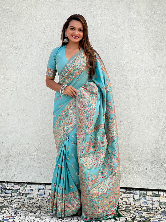 Sky Banarasi Silk Blend Saree With Blouse Piece