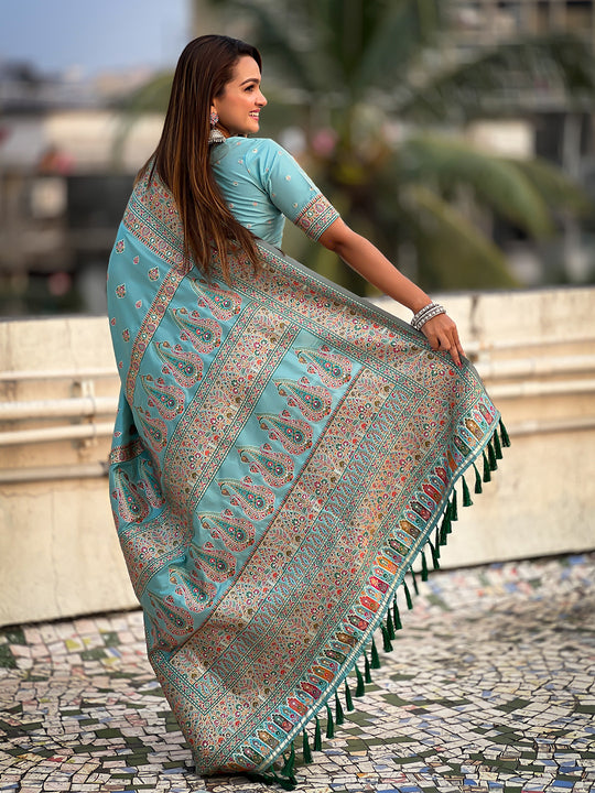 Sky Banarasi Silk Blend Saree With Blouse Piece