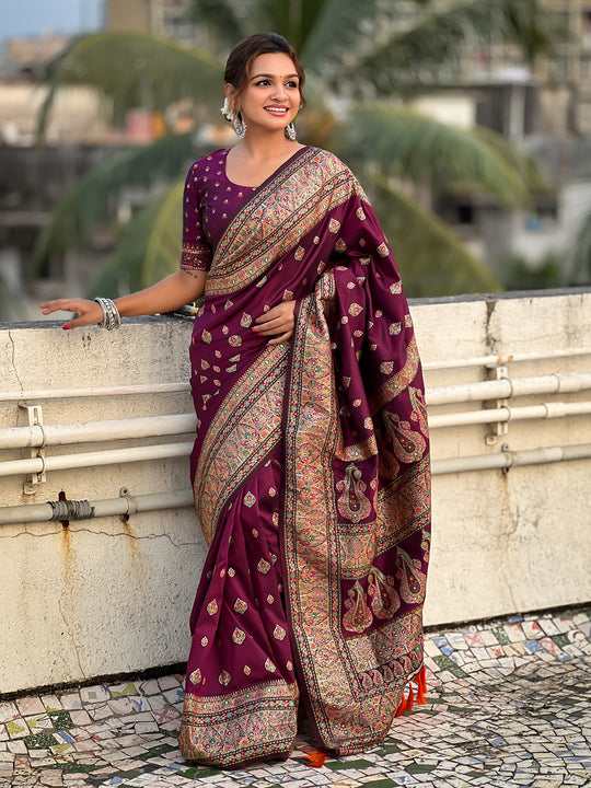 Wine Banarasi Silk Blend Saree With Blouse Piece