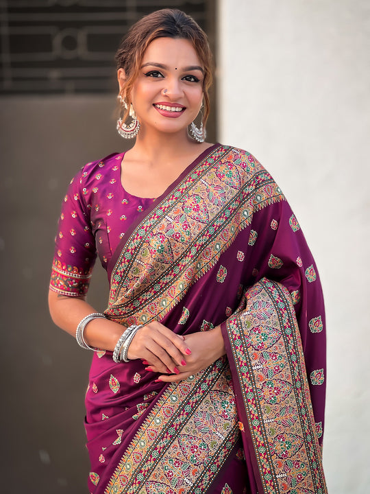 Wine Banarasi Silk Blend Saree With Blouse Piece