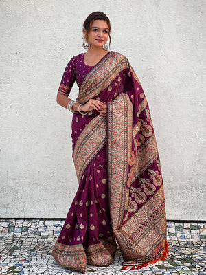 Wine Banarasi Silk Blend Saree With Blouse Piece