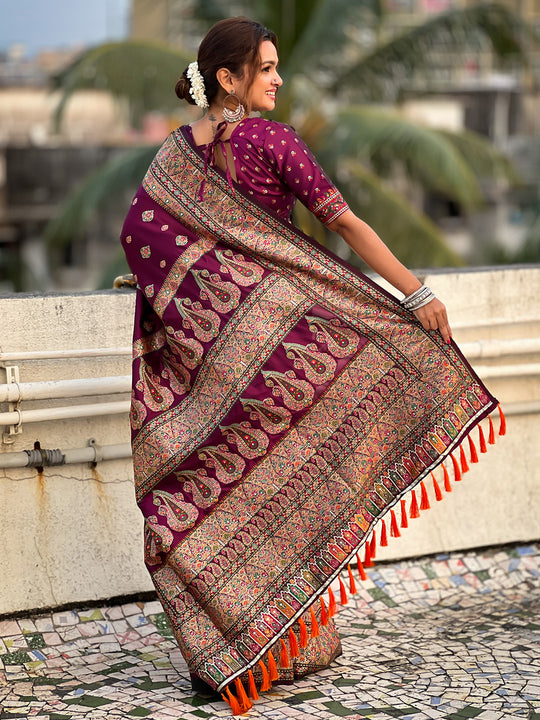 Wine Banarasi Silk Blend Saree With Blouse Piece