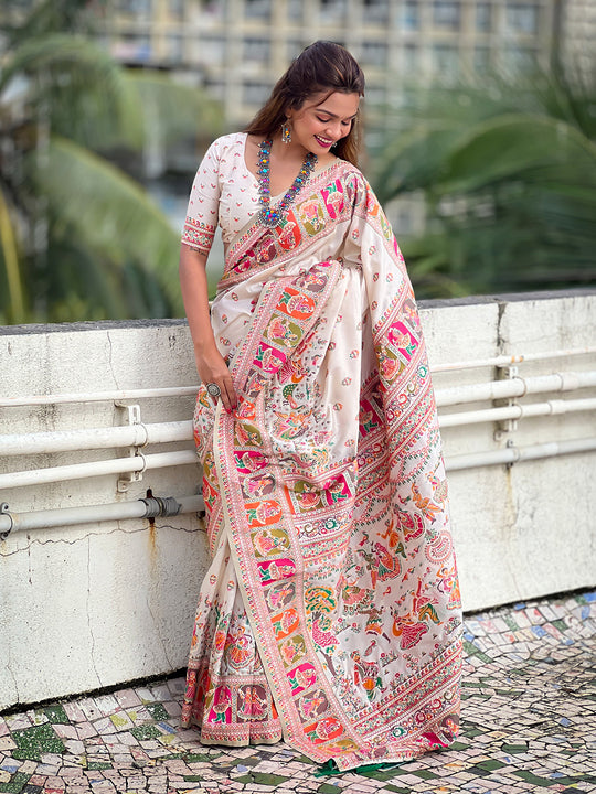 Cream Banarasi Silk Blend Saree With Blouse Piece